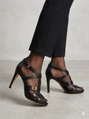 Cole Haan Nike Air Black Leather Strappy Cage Heels Gold Hardware Size 8.5B